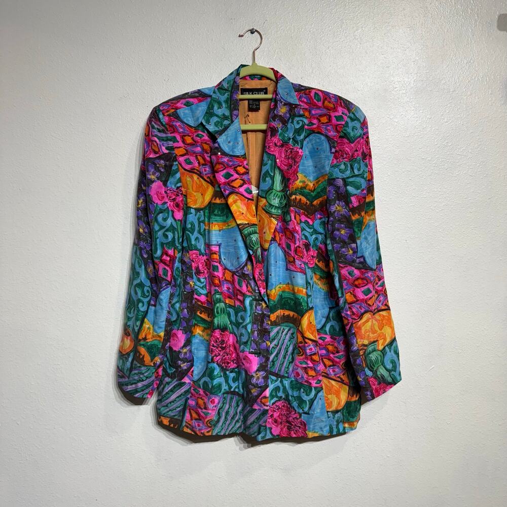 Silk Club Pink Abstract Oversized Silk Vintage Blazer Sz S NWT - Picture 2 of 12